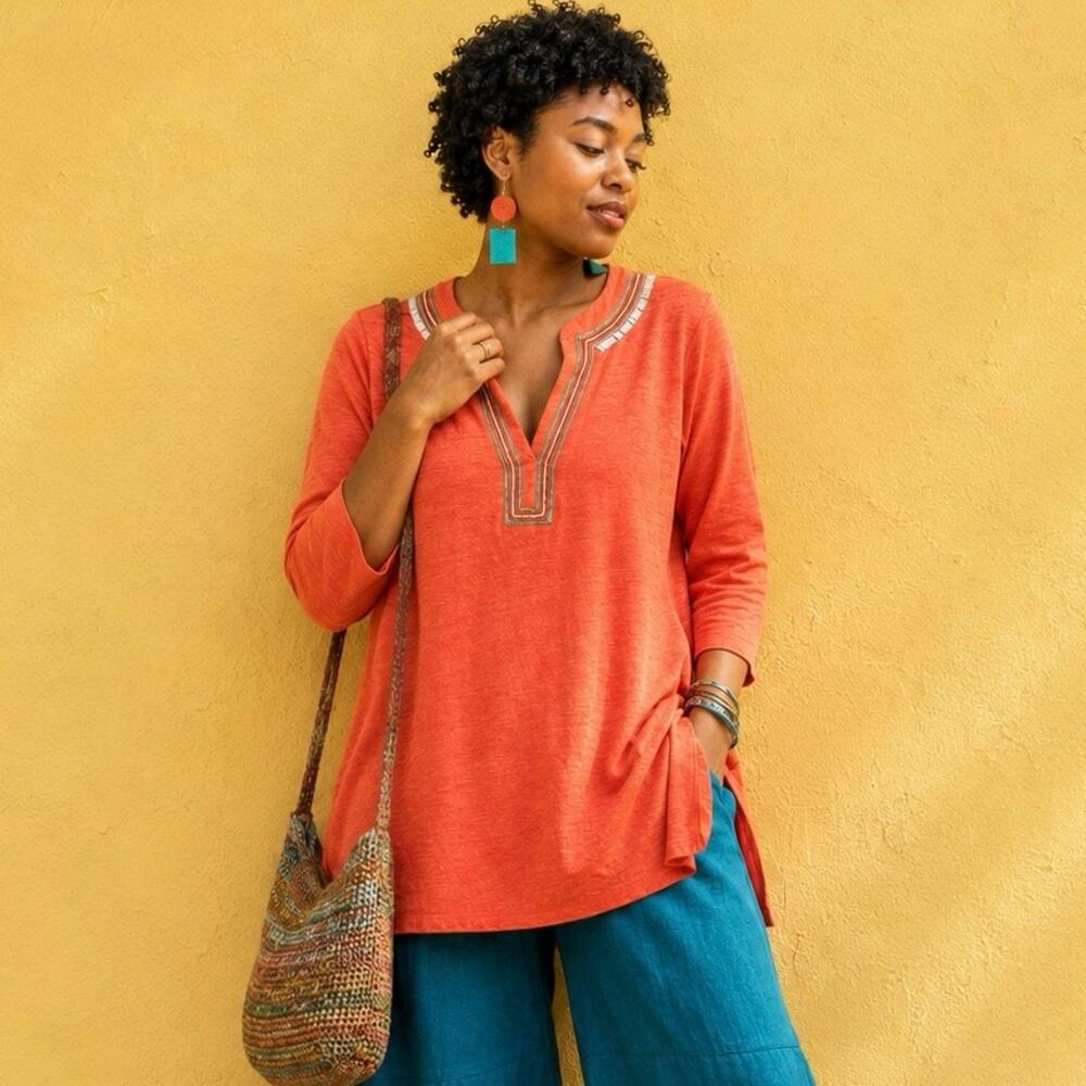 Chico's Coral Linen Tunic M Beaded Embellished Split Neck Coastal Resort Boho